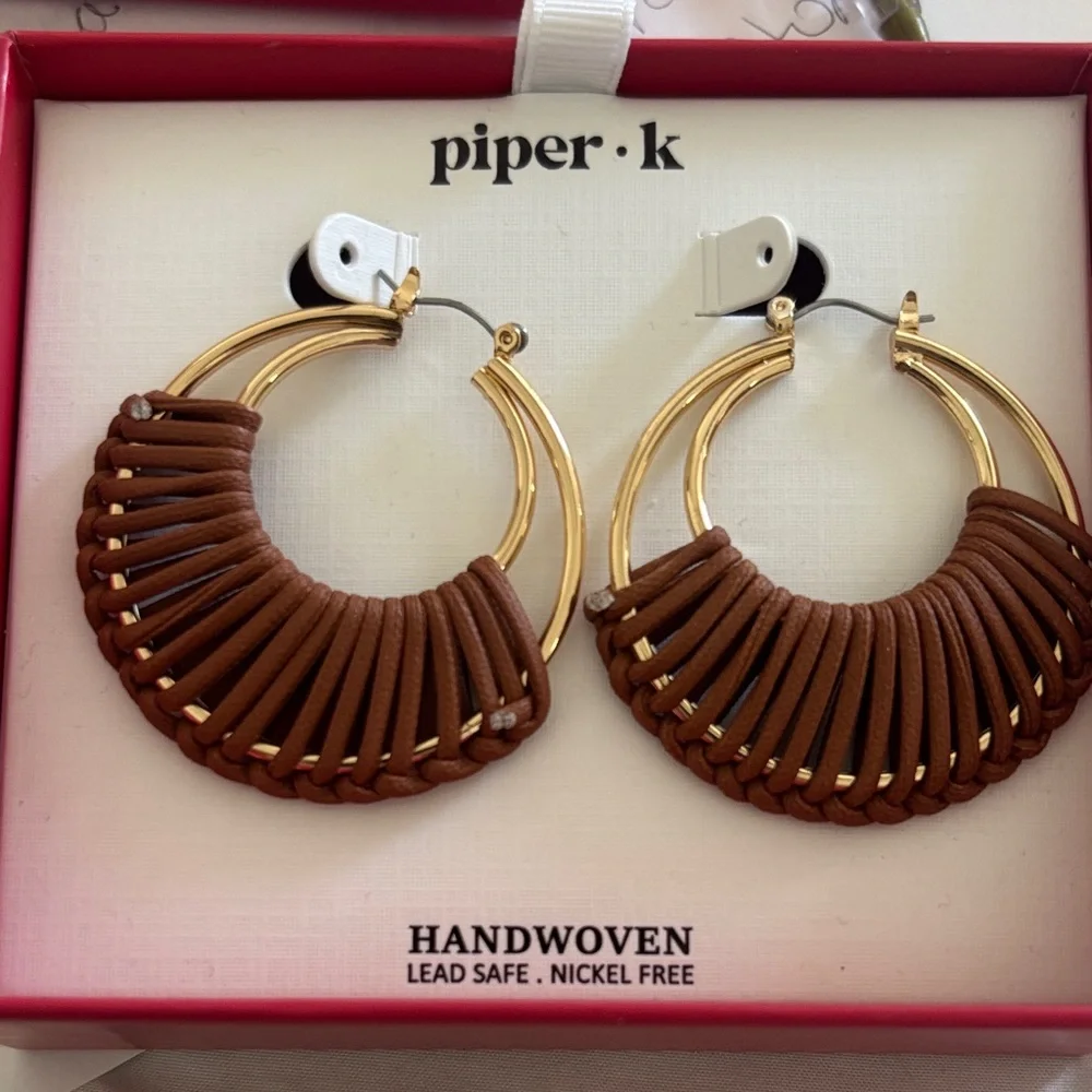 Piper Handwoven Gold and Brown Hoop Earrings - Picture 1 of 2